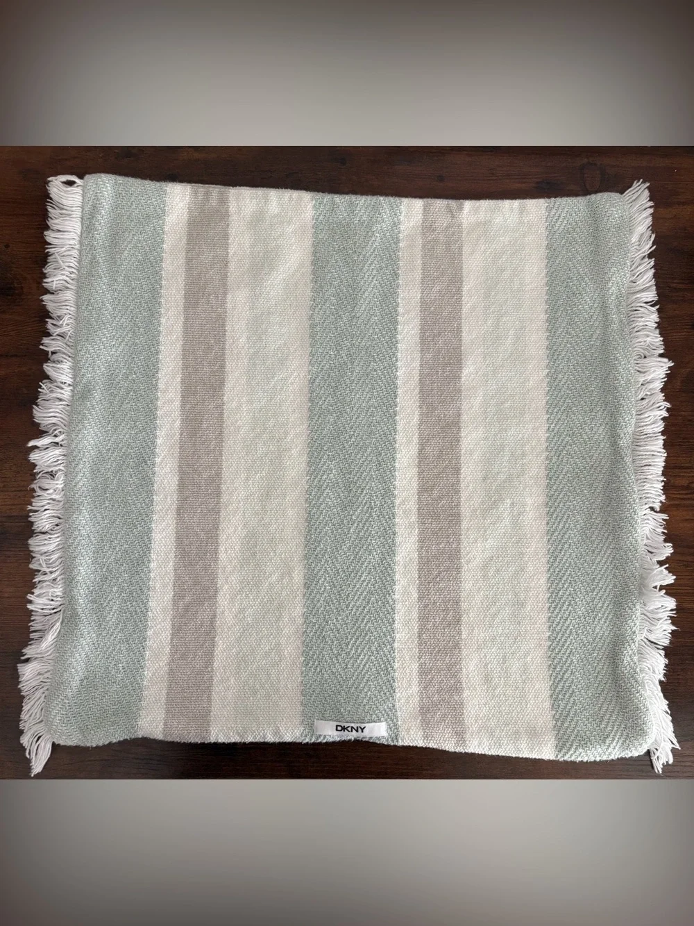 DKNY Decorative Throw Pillow Cover Sage Green Beige Striped Fringe 21x21